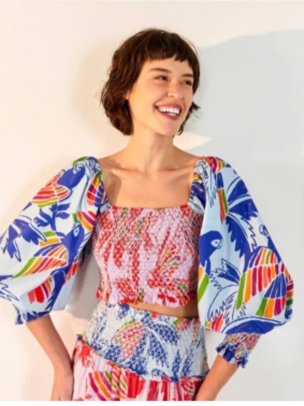 Farm Rio Floral Smocked Puff-Sleeve Crop Top - Multicolor